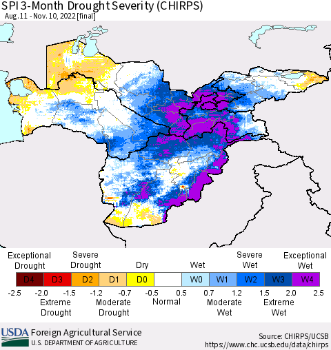 Central Asia SPI 3-Month Drought Severity (CHIRPS) Thematic Map For 8/11/2022 - 11/10/2022