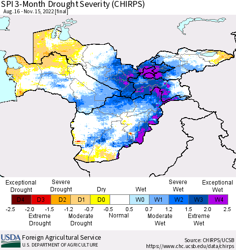 Central Asia SPI 3-Month Drought Severity (CHIRPS) Thematic Map For 8/16/2022 - 11/15/2022