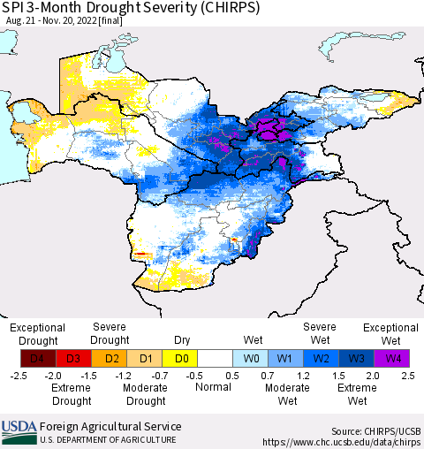 Central Asia SPI 3-Month Drought Severity (CHIRPS) Thematic Map For 8/21/2022 - 11/20/2022
