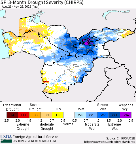 Central Asia SPI 3-Month Drought Severity (CHIRPS) Thematic Map For 8/26/2022 - 11/25/2022