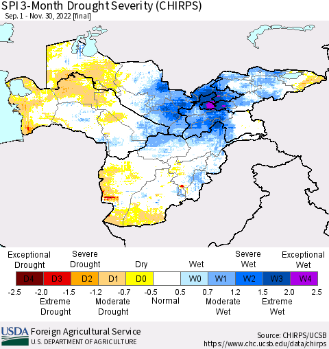 Central Asia SPI 3-Month Drought Severity (CHIRPS) Thematic Map For 9/1/2022 - 11/30/2022