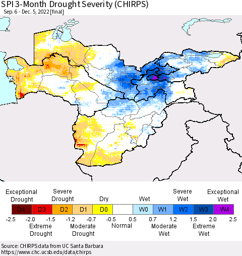Central Asia SPI 3-Month Drought Severity (CHIRPS) Thematic Map For 9/6/2022 - 12/5/2022