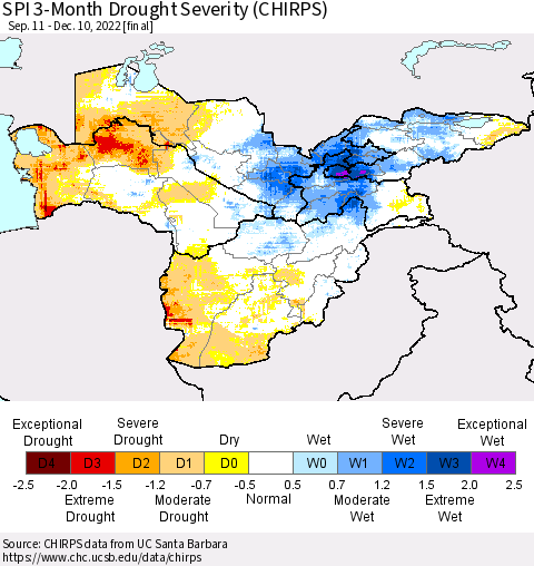 Central Asia SPI 3-Month Drought Severity (CHIRPS) Thematic Map For 9/11/2022 - 12/10/2022