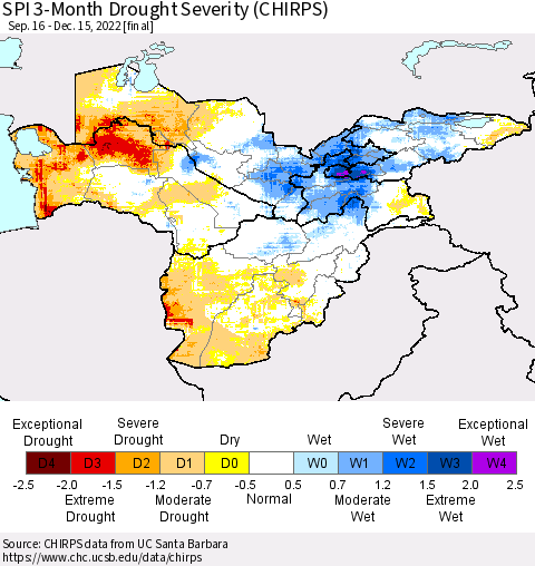 Central Asia SPI 3-Month Drought Severity (CHIRPS) Thematic Map For 9/16/2022 - 12/15/2022