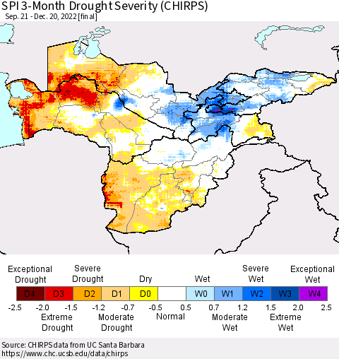 Central Asia SPI 3-Month Drought Severity (CHIRPS) Thematic Map For 9/21/2022 - 12/20/2022