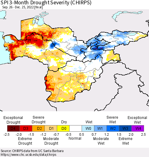Central Asia SPI 3-Month Drought Severity (CHIRPS) Thematic Map For 9/26/2022 - 12/25/2022