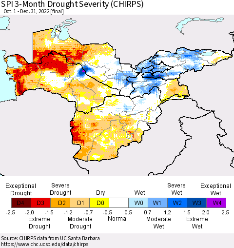 Central Asia SPI 3-Month Drought Severity (CHIRPS) Thematic Map For 10/1/2022 - 12/31/2022