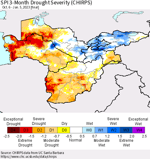 Central Asia SPI 3-Month Drought Severity (CHIRPS) Thematic Map For 10/6/2022 - 1/5/2023