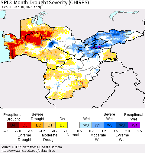 Central Asia SPI 3-Month Drought Severity (CHIRPS) Thematic Map For 10/11/2022 - 1/10/2023