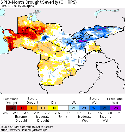 Central Asia SPI 3-Month Drought Severity (CHIRPS) Thematic Map For 10/16/2022 - 1/15/2023