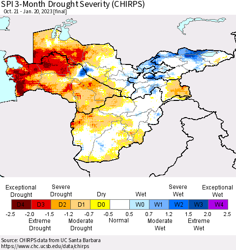 Central Asia SPI 3-Month Drought Severity (CHIRPS) Thematic Map For 10/21/2022 - 1/20/2023