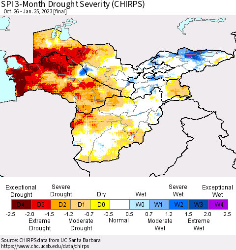 Central Asia SPI 3-Month Drought Severity (CHIRPS) Thematic Map For 10/26/2022 - 1/25/2023