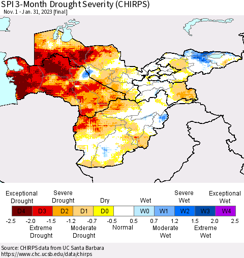 Central Asia SPI 3-Month Drought Severity (CHIRPS) Thematic Map For 11/1/2022 - 1/31/2023
