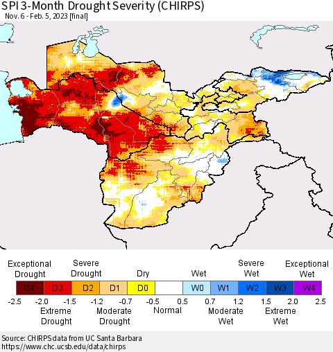 Central Asia SPI 3-Month Drought Severity (CHIRPS) Thematic Map For 11/6/2022 - 2/5/2023