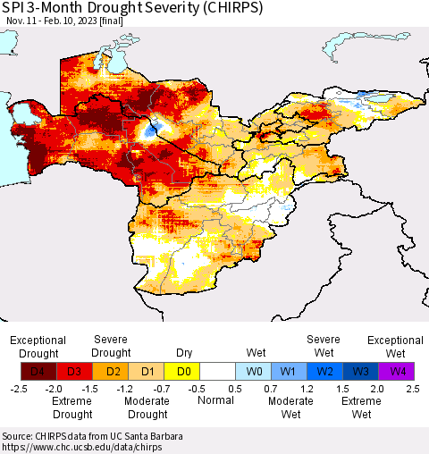 Central Asia SPI 3-Month Drought Severity (CHIRPS) Thematic Map For 11/11/2022 - 2/10/2023