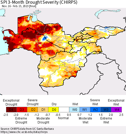 Central Asia SPI 3-Month Drought Severity (CHIRPS) Thematic Map For 11/16/2022 - 2/15/2023