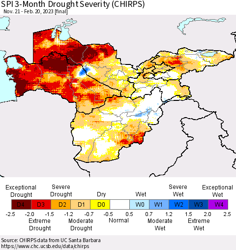 Central Asia SPI 3-Month Drought Severity (CHIRPS) Thematic Map For 11/21/2022 - 2/20/2023