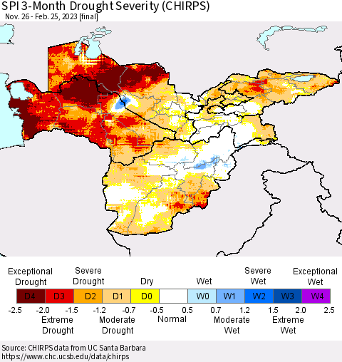 Central Asia SPI 3-Month Drought Severity (CHIRPS) Thematic Map For 11/26/2022 - 2/25/2023