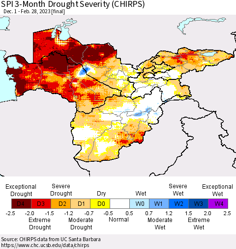Central Asia SPI 3-Month Drought Severity (CHIRPS) Thematic Map For 12/1/2022 - 2/28/2023