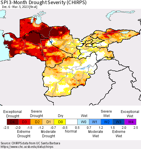 Central Asia SPI 3-Month Drought Severity (CHIRPS) Thematic Map For 12/6/2022 - 3/5/2023