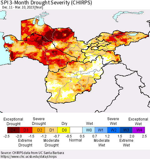 Central Asia SPI 3-Month Drought Severity (CHIRPS) Thematic Map For 12/11/2022 - 3/10/2023