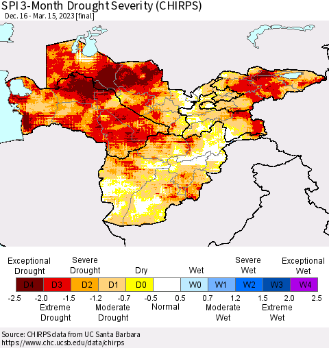 Central Asia SPI 3-Month Drought Severity (CHIRPS) Thematic Map For 12/16/2022 - 3/15/2023