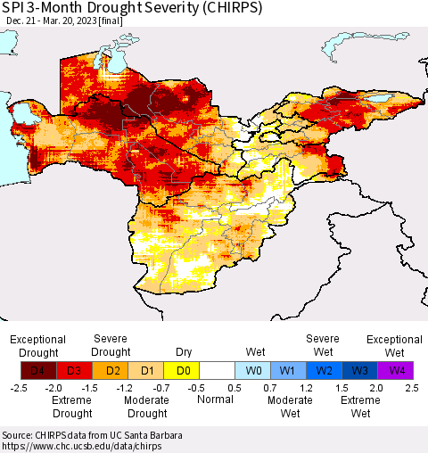 Central Asia SPI 3-Month Drought Severity (CHIRPS) Thematic Map For 12/21/2022 - 3/20/2023