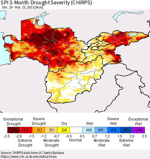 Central Asia SPI 3-Month Drought Severity (CHIRPS) Thematic Map For 12/26/2022 - 3/25/2023