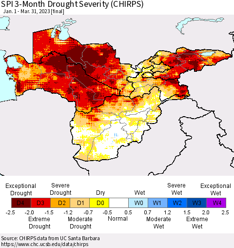 Central Asia SPI 3-Month Drought Severity (CHIRPS) Thematic Map For 1/1/2023 - 3/31/2023