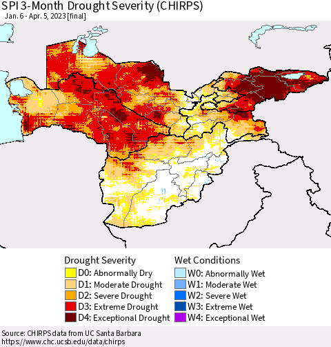 Central Asia SPI 3-Month Drought Severity (CHIRPS) Thematic Map For 1/6/2023 - 4/5/2023