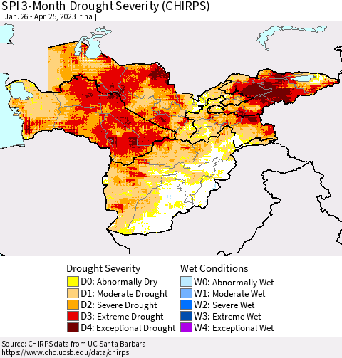 Central Asia SPI 3-Month Drought Severity (CHIRPS) Thematic Map For 1/26/2023 - 4/25/2023