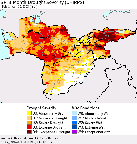 Central Asia SPI 3-Month Drought Severity (CHIRPS) Thematic Map For 2/1/2023 - 4/30/2023