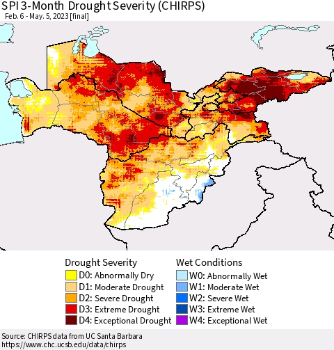 Central Asia SPI 3-Month Drought Severity (CHIRPS) Thematic Map For 2/6/2023 - 5/5/2023