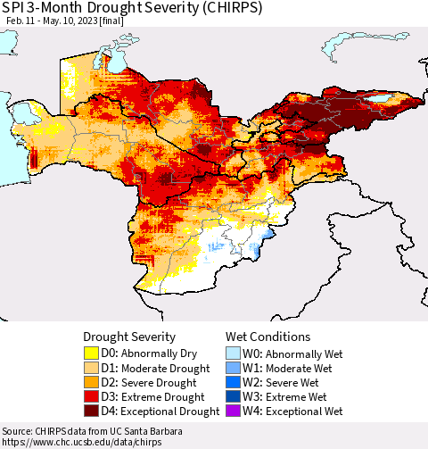 Central Asia SPI 3-Month Drought Severity (CHIRPS) Thematic Map For 2/11/2023 - 5/10/2023