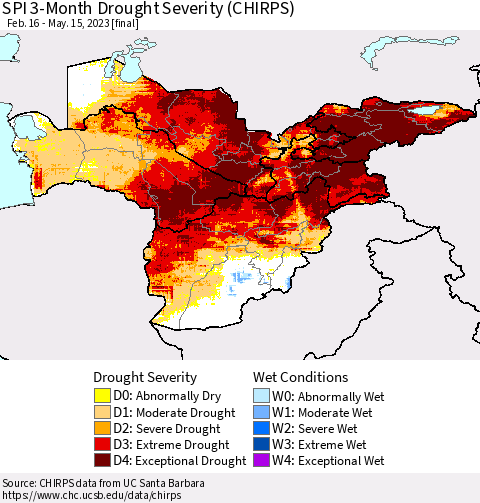 Central Asia SPI 3-Month Drought Severity (CHIRPS) Thematic Map For 2/16/2023 - 5/15/2023