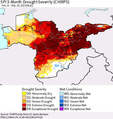 Central Asia SPI 3-Month Drought Severity (CHIRPS) Thematic Map For 2/21/2023 - 5/20/2023