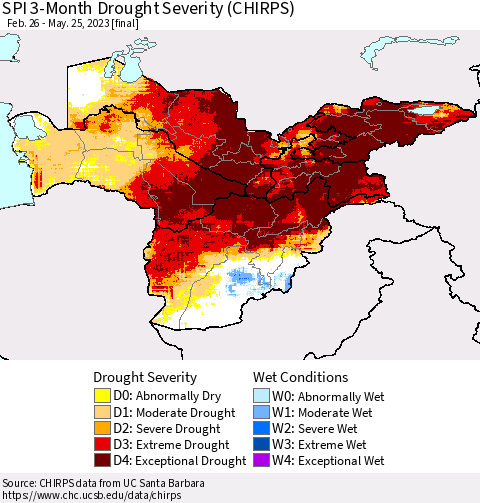 Central Asia SPI 3-Month Drought Severity (CHIRPS) Thematic Map For 2/26/2023 - 5/25/2023