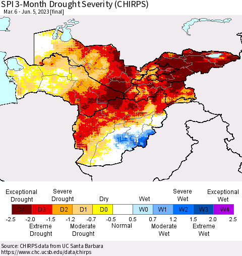 Central Asia SPI 3-Month Drought Severity (CHIRPS) Thematic Map For 3/6/2023 - 6/5/2023