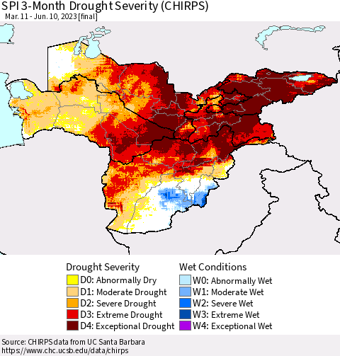 Central Asia SPI 3-Month Drought Severity (CHIRPS) Thematic Map For 3/11/2023 - 6/10/2023