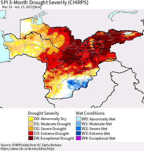 Central Asia SPI 3-Month Drought Severity (CHIRPS) Thematic Map For 3/16/2023 - 6/15/2023