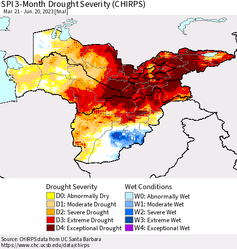 Central Asia SPI 3-Month Drought Severity (CHIRPS) Thematic Map For 3/21/2023 - 6/20/2023