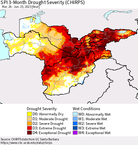Central Asia SPI 3-Month Drought Severity (CHIRPS) Thematic Map For 3/26/2023 - 6/25/2023