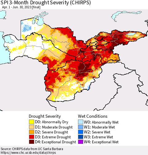 Central Asia SPI 3-Month Drought Severity (CHIRPS) Thematic Map For 4/1/2023 - 6/30/2023