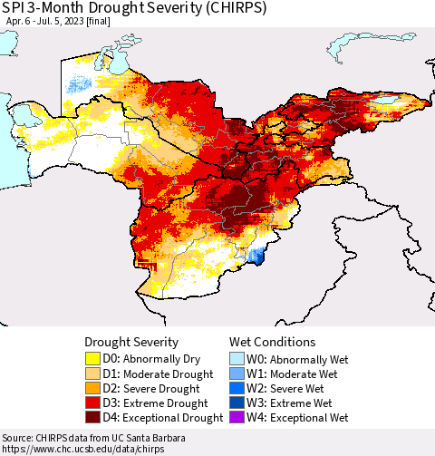 Central Asia SPI 3-Month Drought Severity (CHIRPS) Thematic Map For 4/6/2023 - 7/5/2023