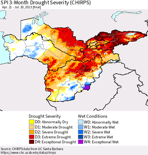 Central Asia SPI 3-Month Drought Severity (CHIRPS) Thematic Map For 4/21/2023 - 7/20/2023