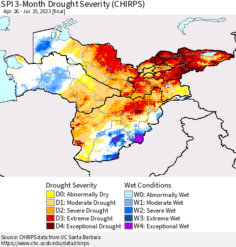 Central Asia SPI 3-Month Drought Severity (CHIRPS) Thematic Map For 4/26/2023 - 7/25/2023