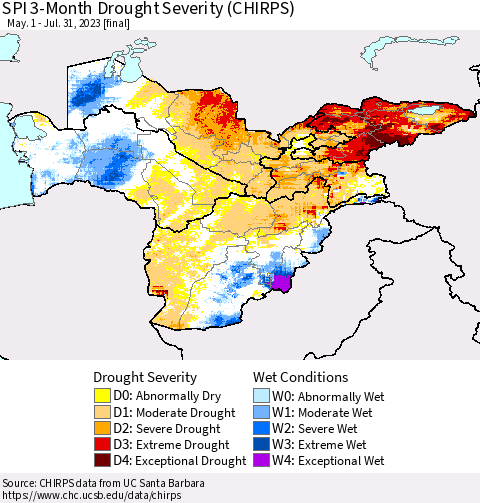 Central Asia SPI 3-Month Drought Severity (CHIRPS) Thematic Map For 5/1/2023 - 7/31/2023