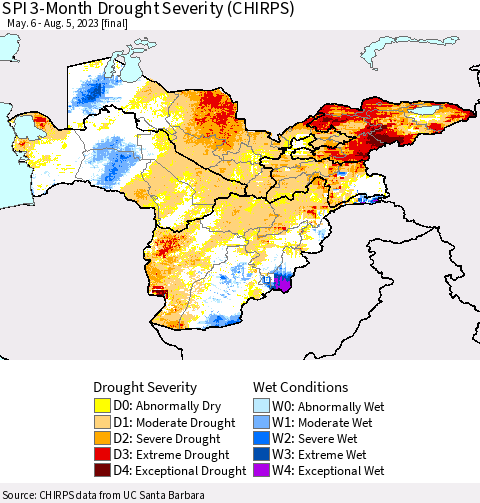 Central Asia SPI 3-Month Drought Severity (CHIRPS) Thematic Map For 5/6/2023 - 8/5/2023