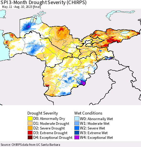 Central Asia SPI 3-Month Drought Severity (CHIRPS) Thematic Map For 5/11/2023 - 8/10/2023