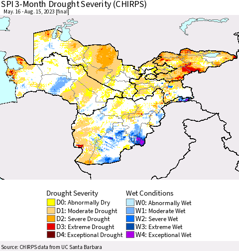 Central Asia SPI 3-Month Drought Severity (CHIRPS) Thematic Map For 5/16/2023 - 8/15/2023